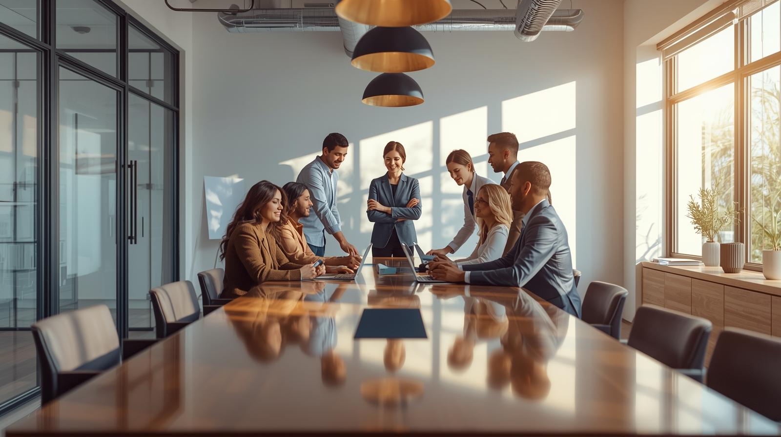A group of eight professionals gathered around a long wooden conference table in a modern office. Some are seated with laptops open, while others stand and lean in, engaged in discussion. Natural sunlight streams through large windows, casting shadows on the wall, and the atmosphere conveys teamwork and collaboration.
