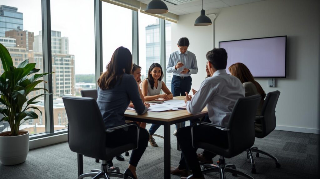 A group of six professionals sitting around a conference table in a modern office, engaged in discussion with papers spread out in front of them. One person stands nearby, holding a marker or pen, while large windows reveal a city skyline in the background. The scene conveys teamwork and collaboration in a business setting.